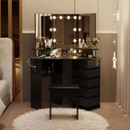 Coiffeuse d'angle Acekool avec miroir, 5 tiroirs pivotants, étagères et tabouret, table de maquillage peu encombrante