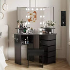 Coiffeuse d'angle Acekool avec miroir, 5 tiroirs pivotants, étagères et tabouret, table de maquillage peu encombrante