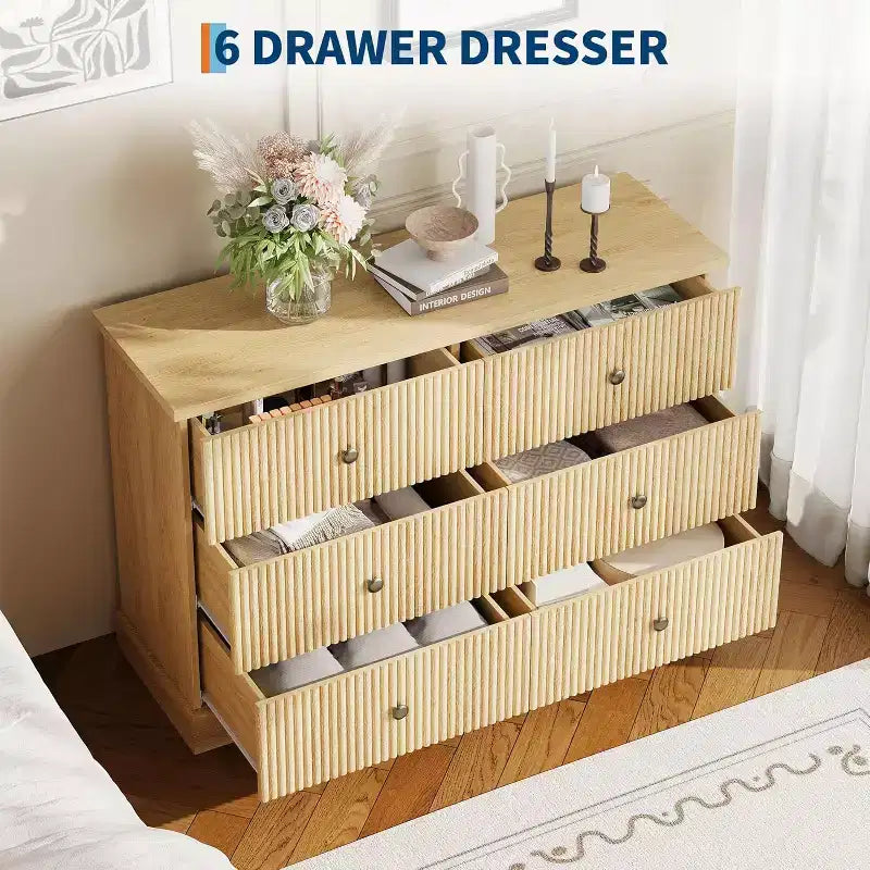 Commode 6 tiroirs cannelée 47 po avec poignées en métal, grande commode moderne en bois pour chambre à coucher, chambre d'amis et appartement