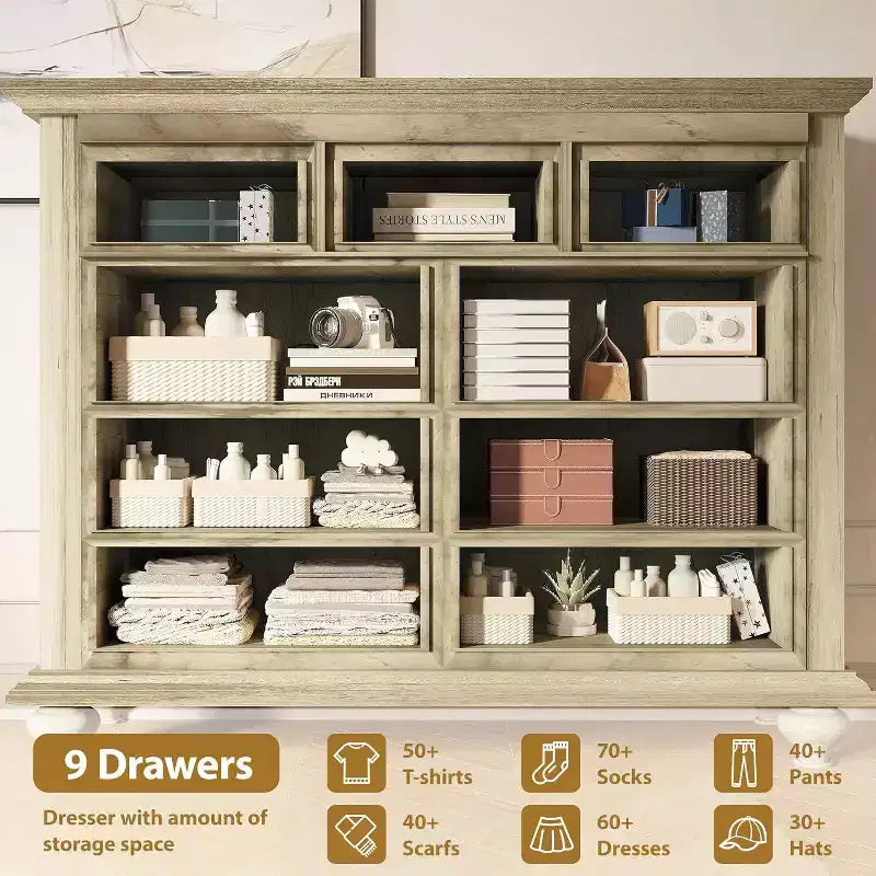 Commode de Ferme à 9 Tiroirs Acekool avec Poignées en Métal, Organisateur de Rangement Rétro pour Chambre, Salon, Entrée