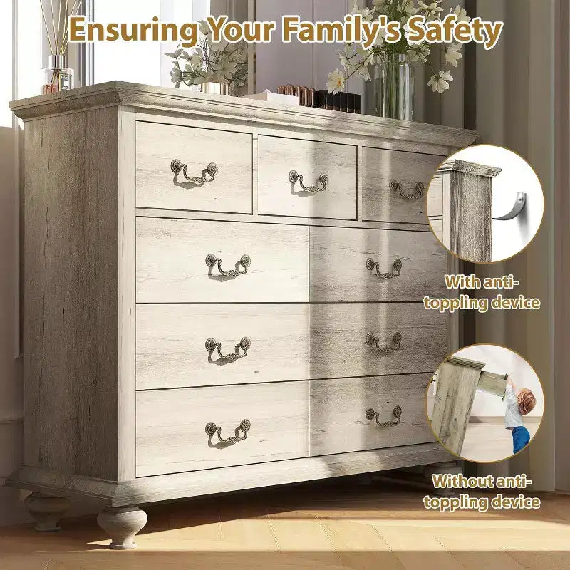 Commode de Ferme à 9 Tiroirs Acekool avec Poignées en Métal, Organisateur de Rangement Rétro pour Chambre, Salon, Entrée