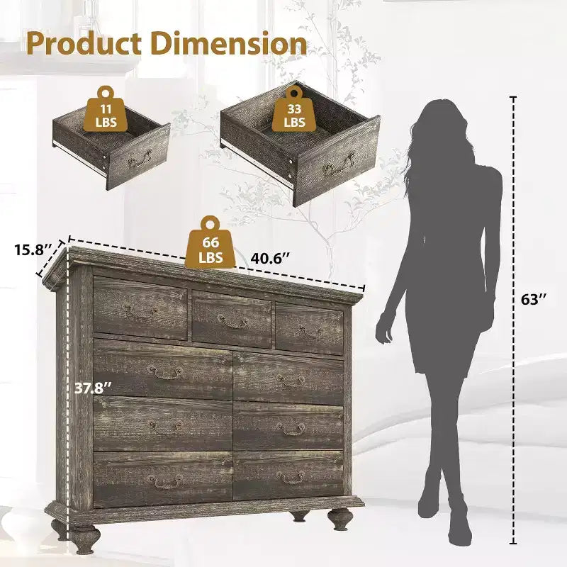Commode de Ferme à 9 Tiroirs Acekool avec Poignées en Métal, Organisateur de Rangement Rétro pour Chambre, Salon, Entrée