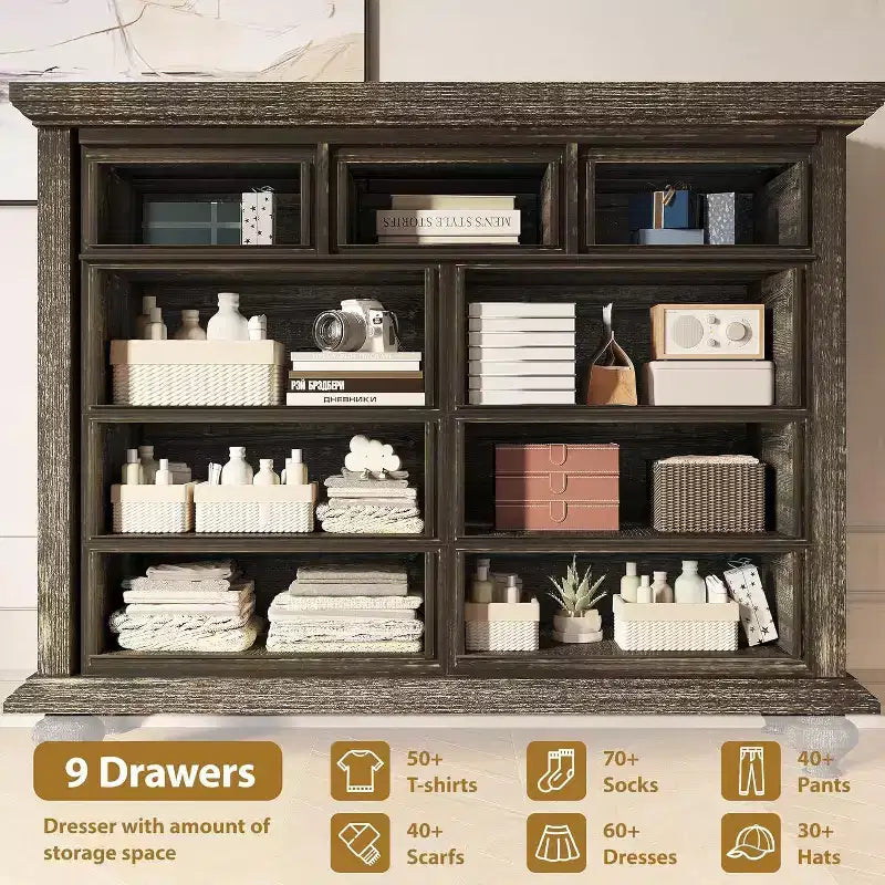Commode de Ferme à 9 Tiroirs Acekool avec Poignées en Métal, Organisateur de Rangement Rétro pour Chambre, Salon, Entrée