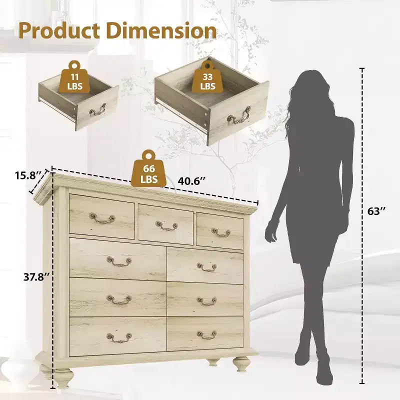 Commode de Ferme à 9 Tiroirs Acekool avec Poignées en Métal, Organisateur de Rangement Rétro pour Chambre, Salon, Entrée