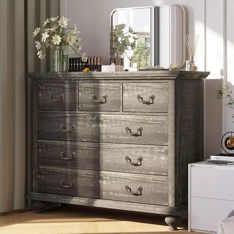Acekool 9 Drawer Farmhouse Dresser with Metal Handles, Retro Chest Storage Organizer for Bedroom Living Room Entryway