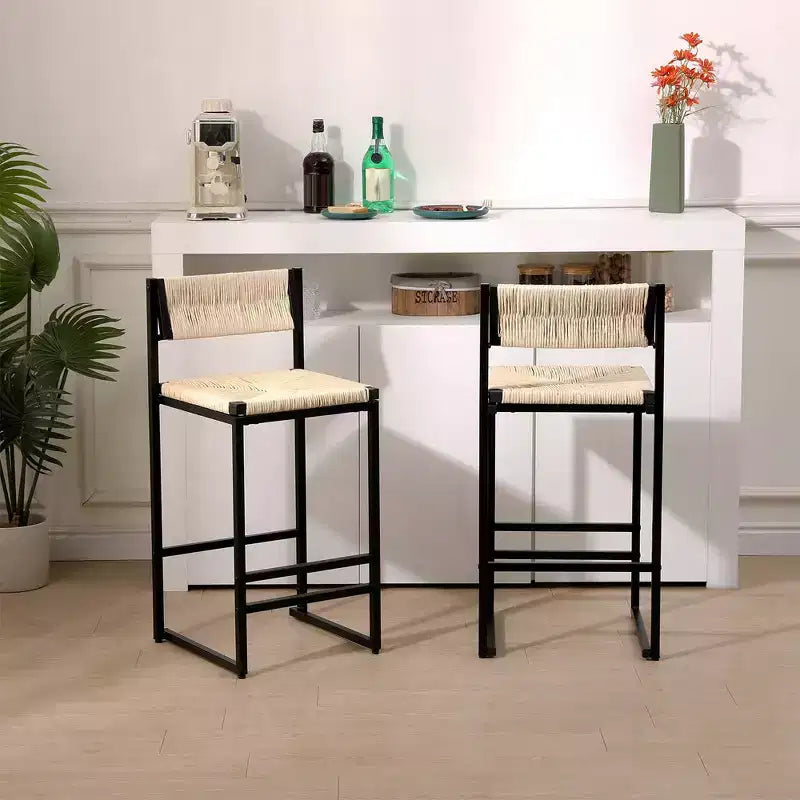 Lot de 2 tabourets de bar hauts en corde de papier tressée, capacité de charge maximale de 100 kg