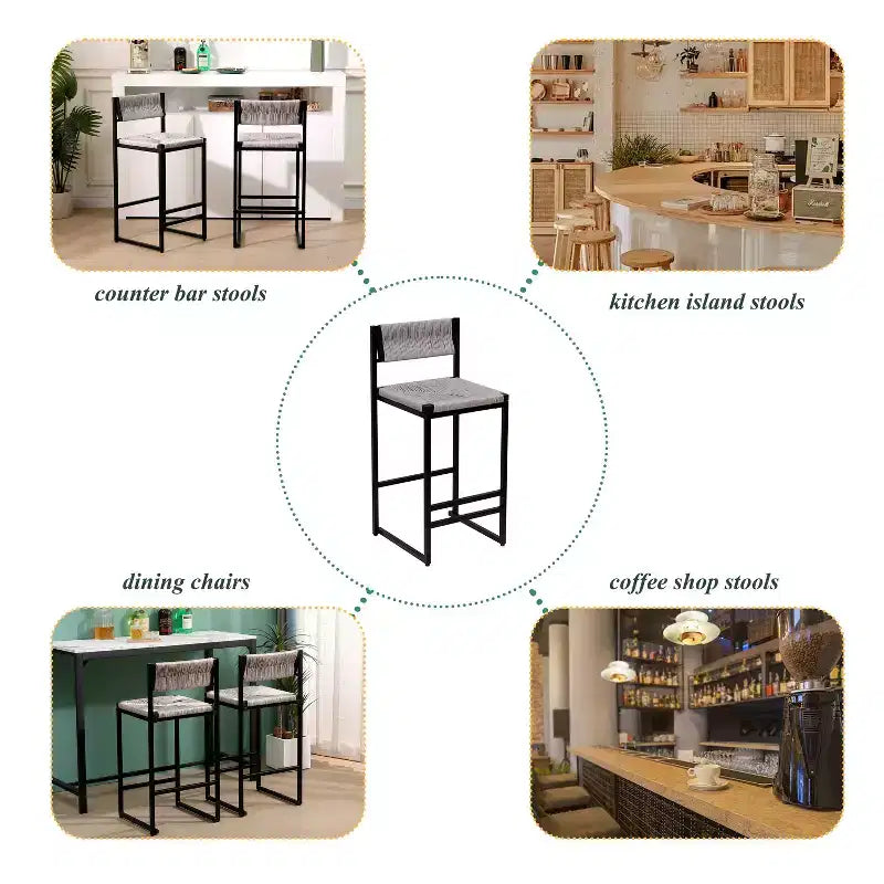 Lot de 2 tabourets de bar hauts en corde de papier tressée, capacité de charge maximale de 100 kg