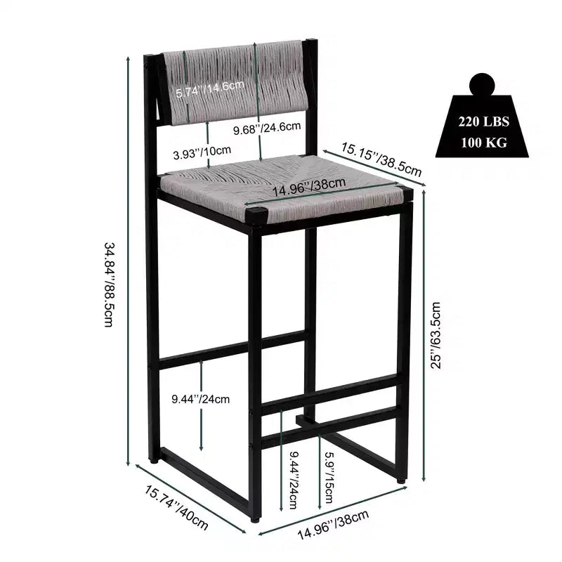 Lot de 2 tabourets de bar hauts en corde de papier tressée, capacité de charge maximale de 100 kg