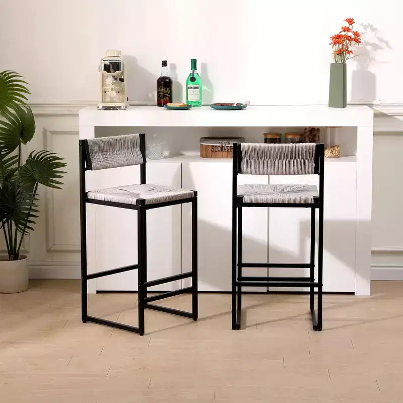 2pcs/set High Bar Stool Chairs Paper Rope Woven Bar Stools Barstools 220lbs Max Weighing Capacity