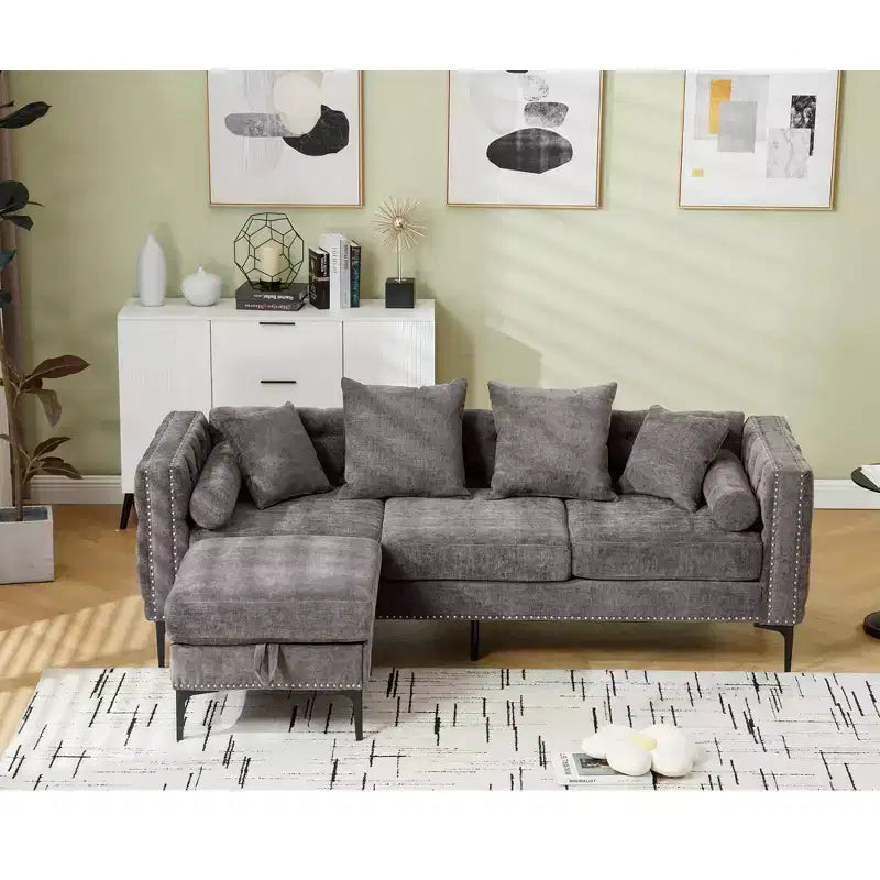 GDFStudio Zarin 85 Canapé sectionnel moderne 4 places en chenille avec pouf de rangement