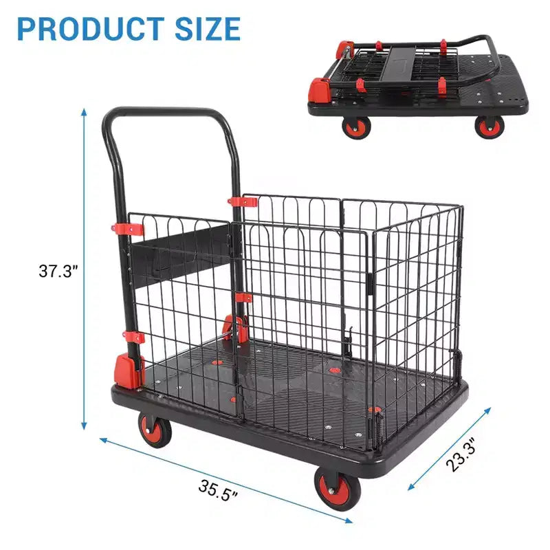 Heavy Duty Hand Moving Cart 1000LBS Capacity Platform Truck Cart with Cage,Folding Carts with Wheels,Foldable Dolly Carts with Basket
