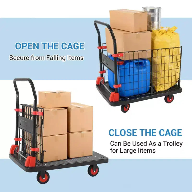 Heavy Duty Hand Moving Cart 1000LBS Capacity Platform Truck Cart with Cage,Folding Carts with Wheels,Foldable Dolly Carts with Basket