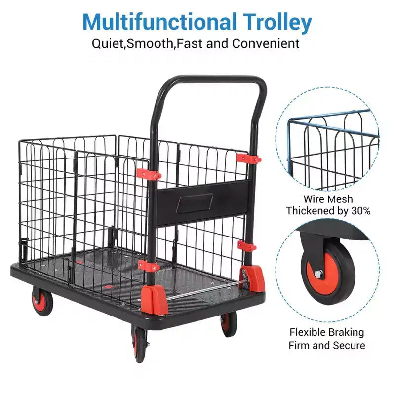 Heavy Duty Hand Moving Cart 1000LBS Capacity Platform Truck Cart with Cage,Folding Carts with Wheels,Foldable Dolly Carts with Basket