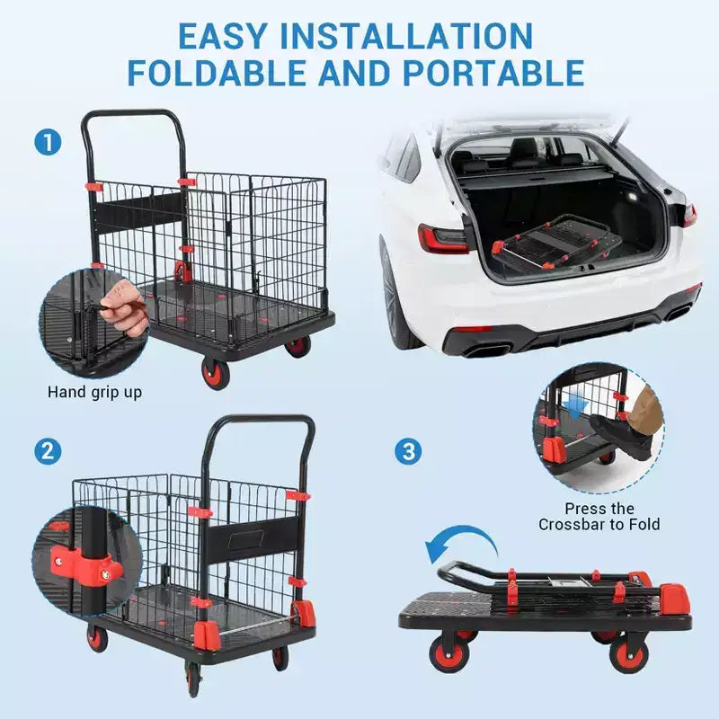 Heavy Duty Hand Moving Cart 1000LBS Capacity Platform Truck Cart with Cage,Folding Carts with Wheels,Foldable Dolly Carts with Basket