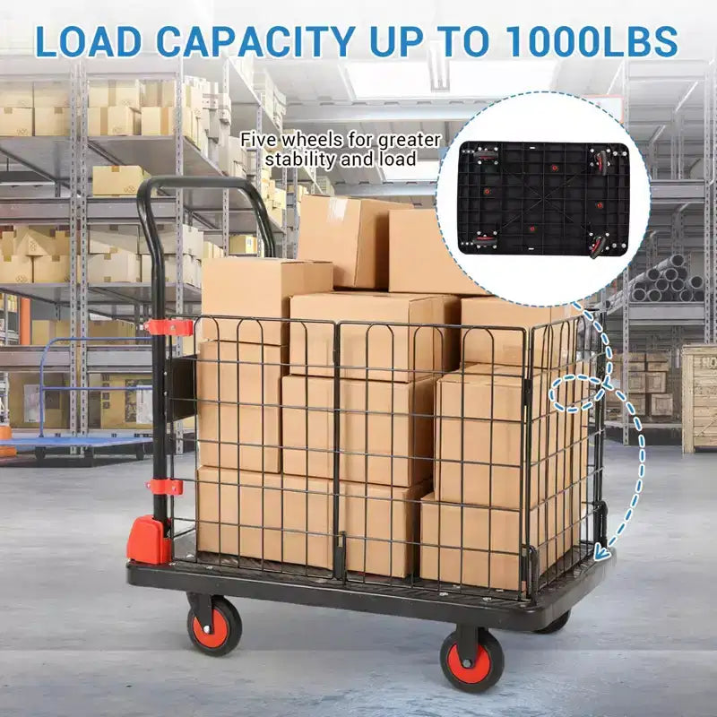 Heavy Duty Hand Moving Cart 1000LBS Capacity Platform Truck Cart with Cage,Folding Carts with Wheels,Foldable Dolly Carts with Basket