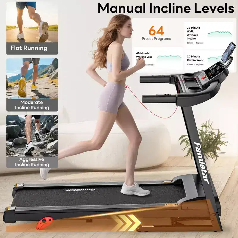 Tapis de course avec inclinaison pour la maison, tapis de course pliable 3-en-1 avec capacité de 136 kg, 12 km/h, bande large de 40,6 cm, 64 programmes, support pour les genoux