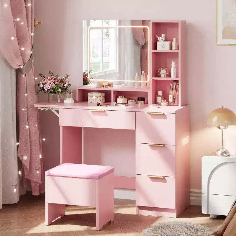 DAY & NIGHT 54.7 Lighted Vanity Desk Combo with Storage Stool, Drawers, Open Shelves 3-Tone Mirror, 4 Drawers, Power Stool & Metal Frame, Pink