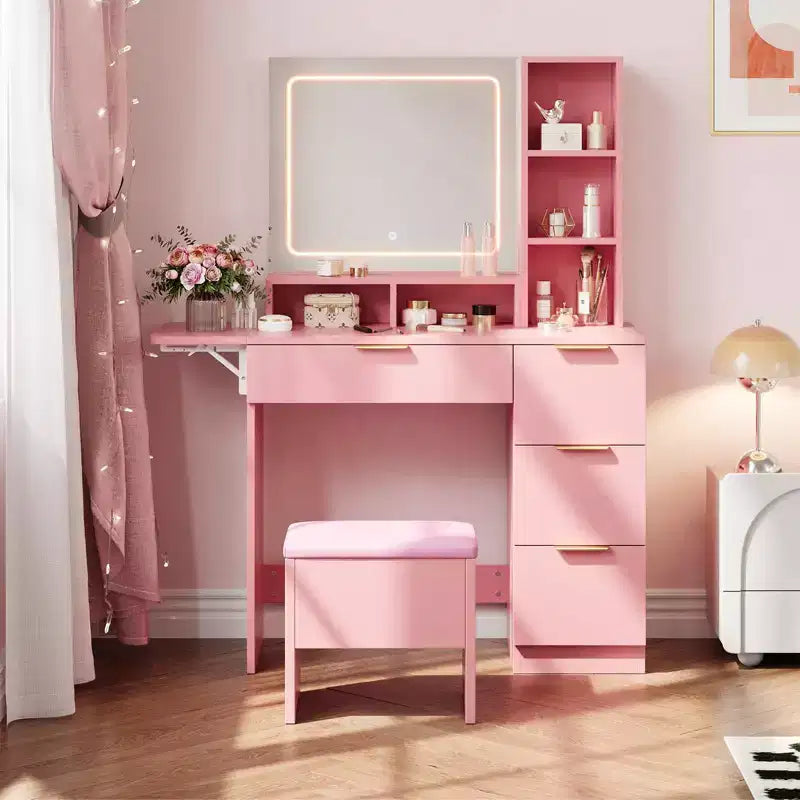 DAY & NIGHT 54.7 Coiffeuse Lumineuse avec Tabouret de Rangement, Tiroirs, Étagères Ouvertes, Miroir 3 Tons, 4 Tiroirs, Tabouret Électrique et Cadre Métallique, Rose