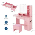 DAY & NIGHT 54.7 Coiffeuse Lumineuse avec Tabouret de Rangement, Tiroirs, Étagères Ouvertes, Miroir 3 Tons, 4 Tiroirs, Tabouret Électrique et Cadre Métallique, Rose