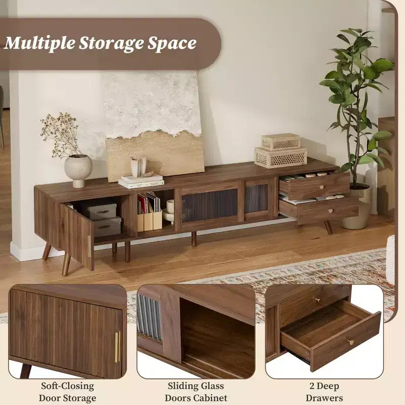 Meuble TV moderne et minimaliste de 76 pouces avec portes vitrées pour téléviseurs jusqu'à 85 pouces, avec armoires de rangement pour salon et chambre
