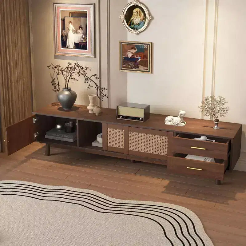 Meuble TV moderne pour téléviseurs de 80 pouces, meuble TV avec portes coulissantes et tiroirs de rangement pour salon ou chambre à coucher