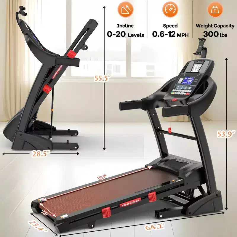 Tapis roulant avec inclinaison automatique, tapis de course pour la maison, tapis roulant pliable avec barres de maintien, haut-parleur, tapis de course capacité 136 kg