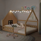 Lit cabane TUYOHW avec lumières LED, lit Montessori en pin massif avec support à lattes et garde-corps de sécurité, lit enfant bas taille double