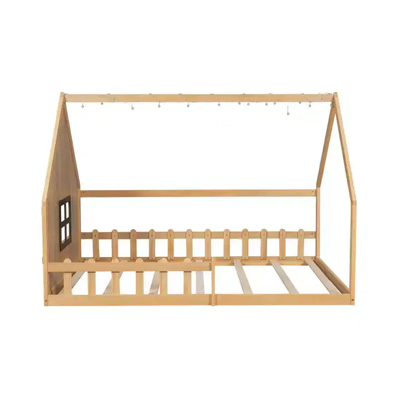 Lit cabane TUYOHW avec lumières LED, lit Montessori en pin massif avec support à lattes et garde-corps de sécurité, lit enfant bas taille double