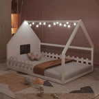 Lit cabane TUYOHW avec lumières LED, lit Montessori en pin massif avec support à lattes et garde-corps de sécurité, lit enfant bas taille double