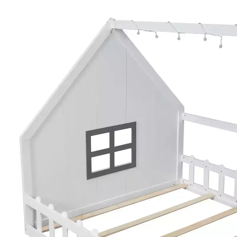 Lit cabane TUYOHW avec lumières LED, lit Montessori en pin massif avec support à lattes et garde-corps de sécurité, lit enfant bas taille double