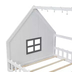 Lit cabane TUYOHW avec lumières LED, lit Montessori en pin massif avec support à lattes et garde-corps de sécurité, lit enfant bas taille double