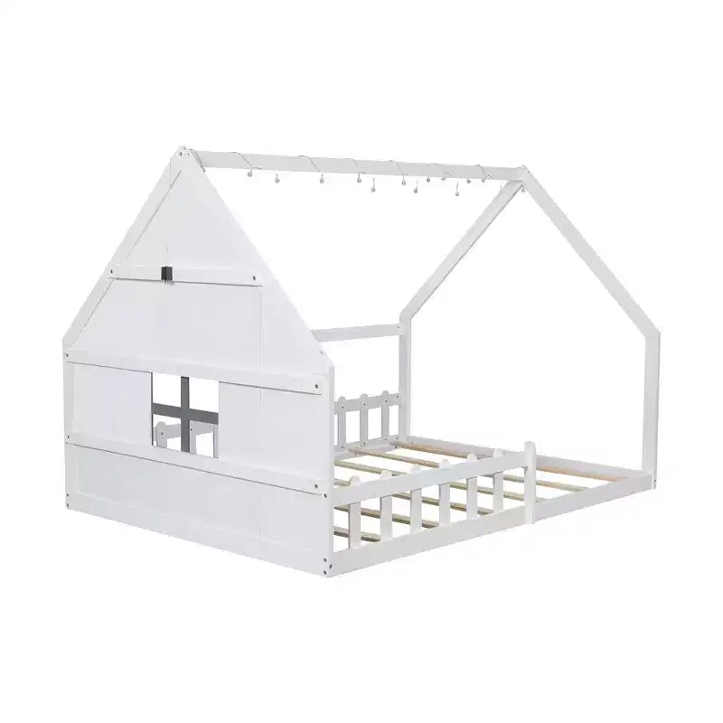 Lit cabane TUYOHW avec lumières LED, lit Montessori en pin massif avec support à lattes et garde-corps de sécurité, lit enfant bas taille double