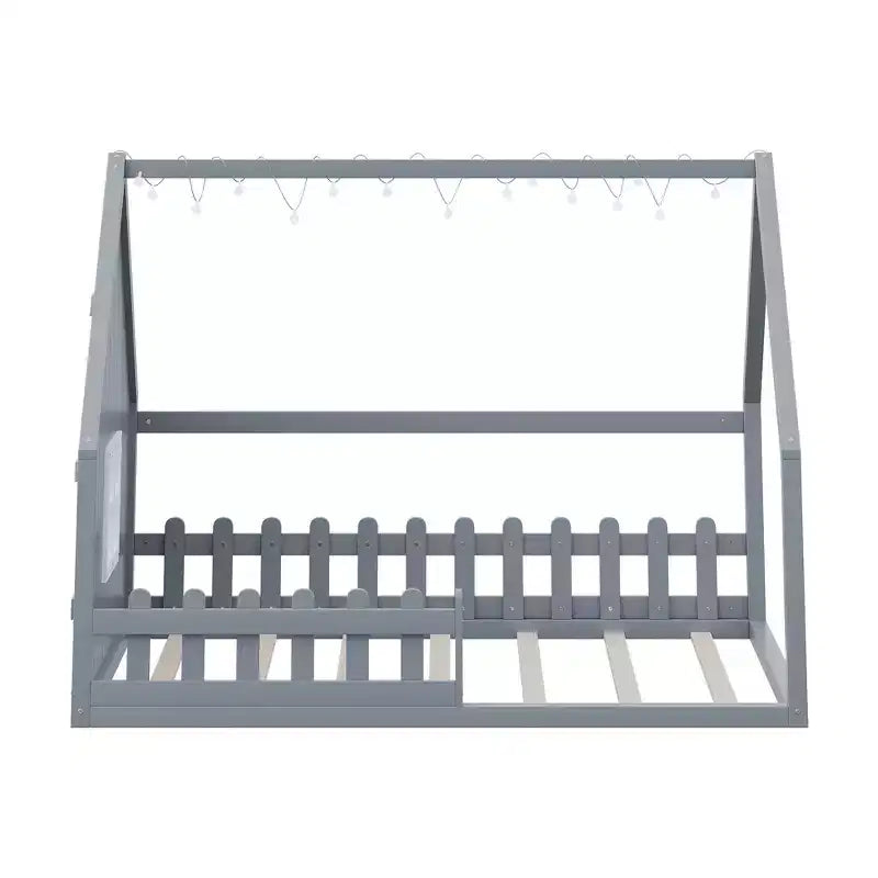 Lit cabane TUYOHW avec lumières LED, lit Montessori en pin massif avec support à lattes et garde-corps de sécurité, lit enfant bas taille double