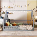 Lit cabane TUYOHW avec lumières LED, lit Montessori en pin massif avec support à lattes et garde-corps de sécurité, lit enfant bas taille double