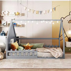 Lit cabane TUYOHW avec lumières LED, lit Montessori en pin massif avec support à lattes et garde-corps de sécurité, lit enfant bas taille double