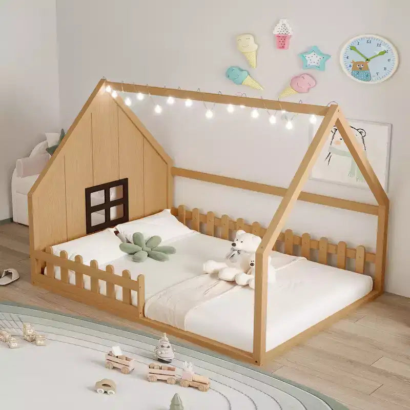 Lit cabane TUYOHW avec lumières LED, lit Montessori en pin massif avec support à lattes et garde-corps de sécurité, lit enfant bas taille double