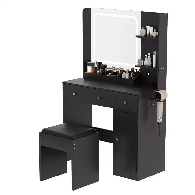 Acekool Makeup Vanity Set with LED Mirror, Charging Station, Storage Cabinet, Drawers & Stool, Modern Dressing Table for Bedroom, 37 Inch