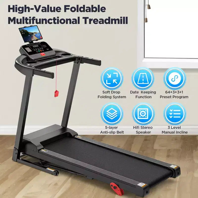 Tapis de course pliant d'une capacité de 136 kg avec inclinaison pour la maison, tapis de course portable de 3,75 CV, 64+3+3+1 programmes, machine d'exercice de marche et de course