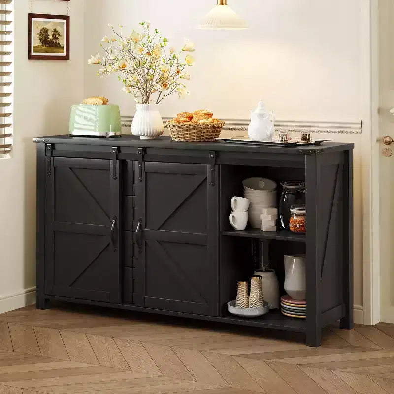 55 Farmhouse Sideboard Buffet Cabinet with Sliding Barn Doors, Storage Cabinet for Dining Room, Kitchen or Living Room-Panipeachy
