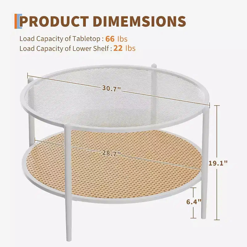 Table basse ronde en rotin avec plateau en verre et 2 niveaux de rangement, petite table d'appoint circulaire de style ferme moderne pour le salon
