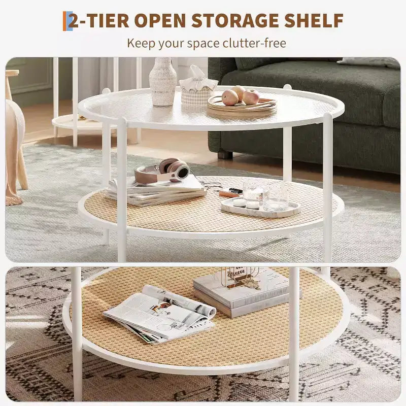 Table basse ronde en rotin avec plateau en verre et 2 niveaux de rangement, petite table d'appoint circulaire de style ferme moderne pour le salon
