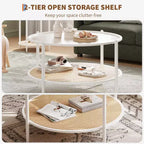 Table basse ronde en rotin avec plateau en verre et 2 niveaux de rangement, petite table d'appoint circulaire de style ferme moderne pour le salon