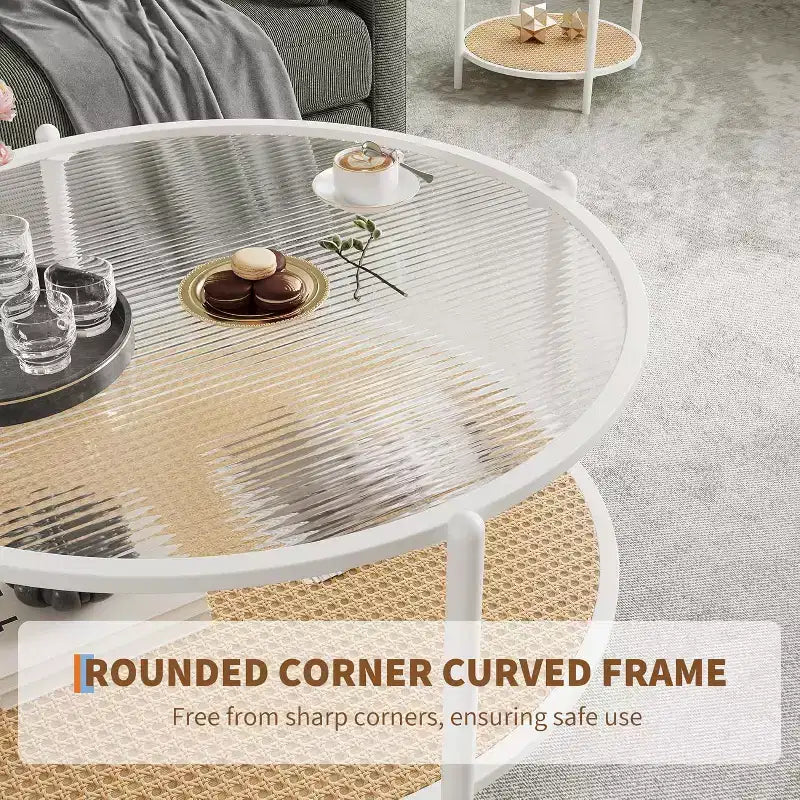 Table basse ronde en rotin avec plateau en verre et 2 niveaux de rangement, petite table d'appoint circulaire de style ferme moderne pour le salon