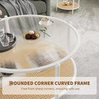 Table basse ronde en rotin avec plateau en verre et 2 niveaux de rangement, petite table d'appoint circulaire de style ferme moderne pour le salon