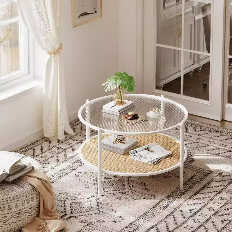 Table basse ronde en rotin avec plateau en verre et 2 niveaux de rangement, petite table d'appoint circulaire de style ferme moderne pour le salon