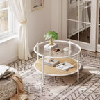 Table basse ronde en rotin avec plateau en verre et 2 niveaux de rangement, petite table d'appoint circulaire de style ferme moderne pour le salon