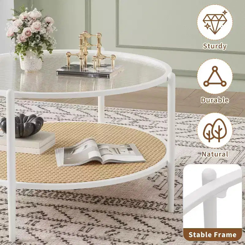 Table basse ronde en rotin avec plateau en verre et 2 niveaux de rangement, petite table d'appoint circulaire de style ferme moderne pour le salon