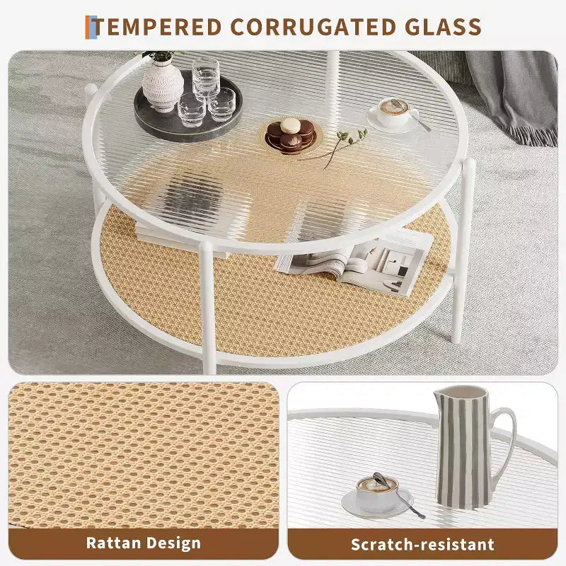 Table basse ronde en rotin avec plateau en verre et 2 niveaux de rangement, petite table d'appoint circulaire de style ferme moderne pour le salon