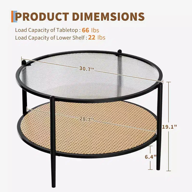 Table basse ronde en rotin avec plateau en verre et 2 niveaux de rangement, petite table d'appoint circulaire de style ferme moderne pour le salon
