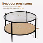 Table basse ronde en rotin avec plateau en verre et 2 niveaux de rangement, petite table d'appoint circulaire de style ferme moderne pour le salon